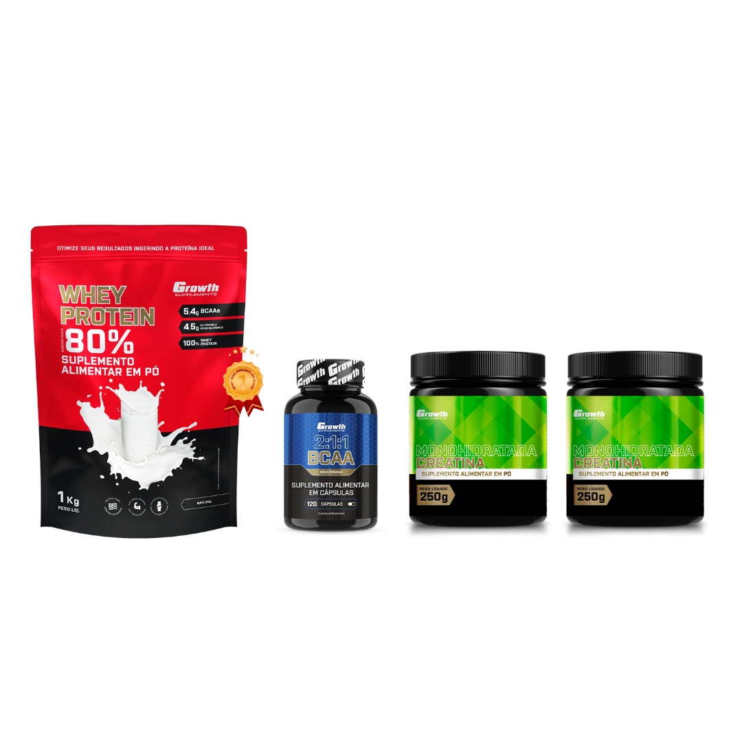 Restam apenas 10 unidades - COMBO WHEY PROTEIN COONCENTRADO 1KG + 2X CREATINAS MONOHIDRATADA 250G + BCAA 2:1:1 (120 cáps)